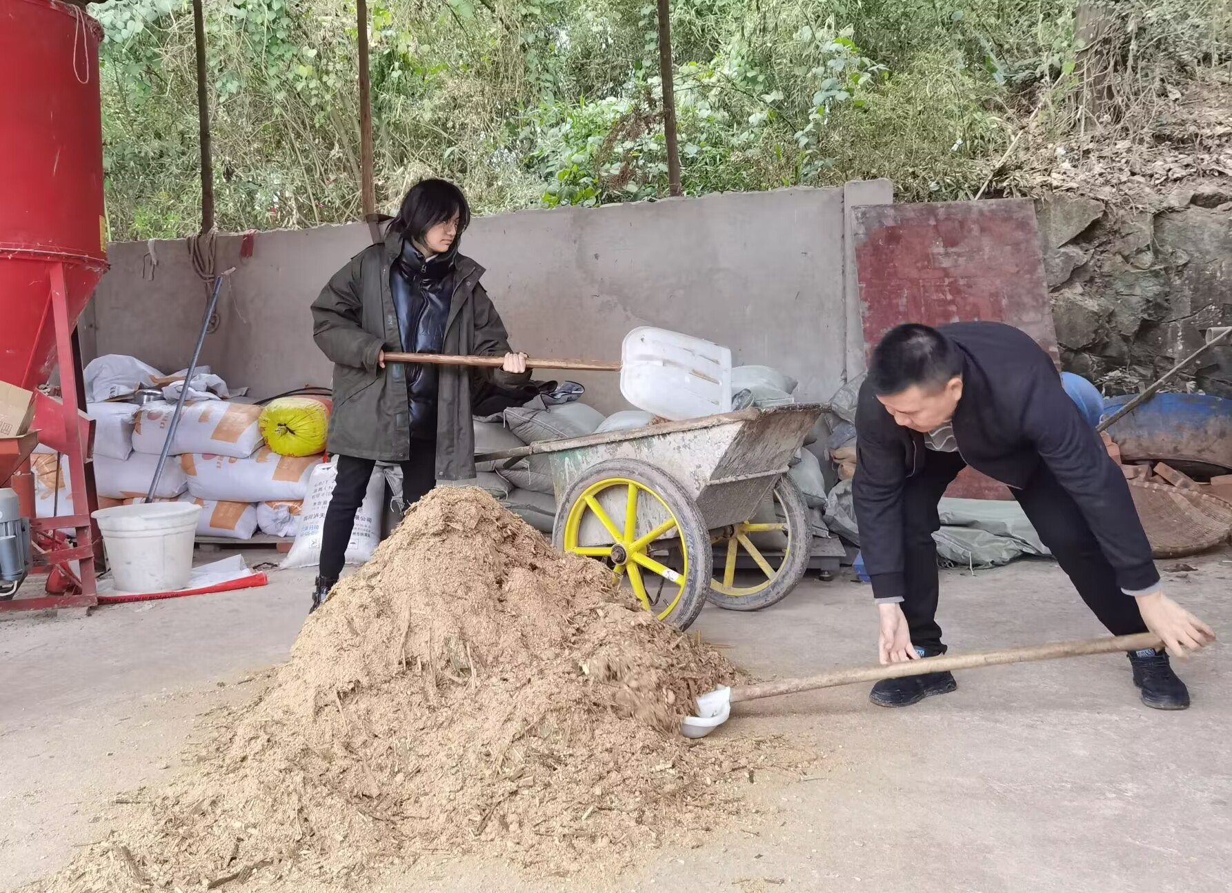 团队成员与工作人员一起清理草料 王哲恩 摄
